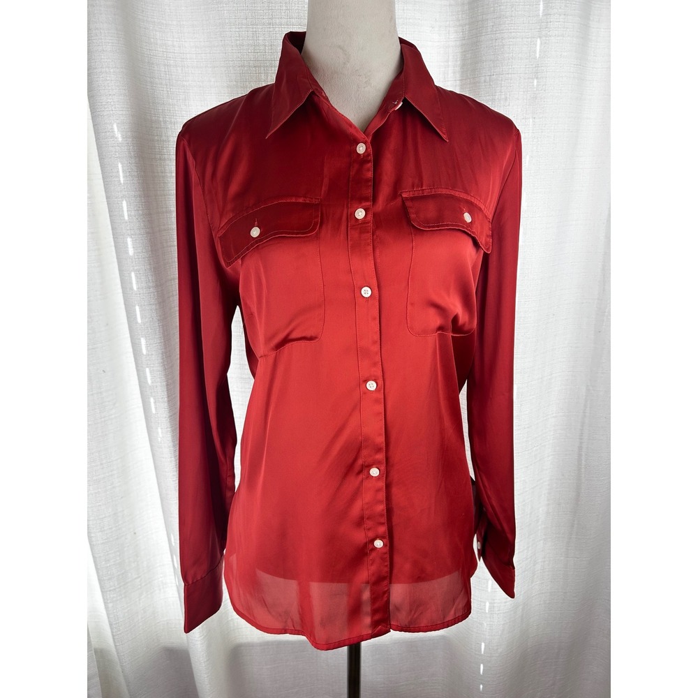 Lauren Ralph Lauren Women Red Satin Button Front Pocket Blouse Large
